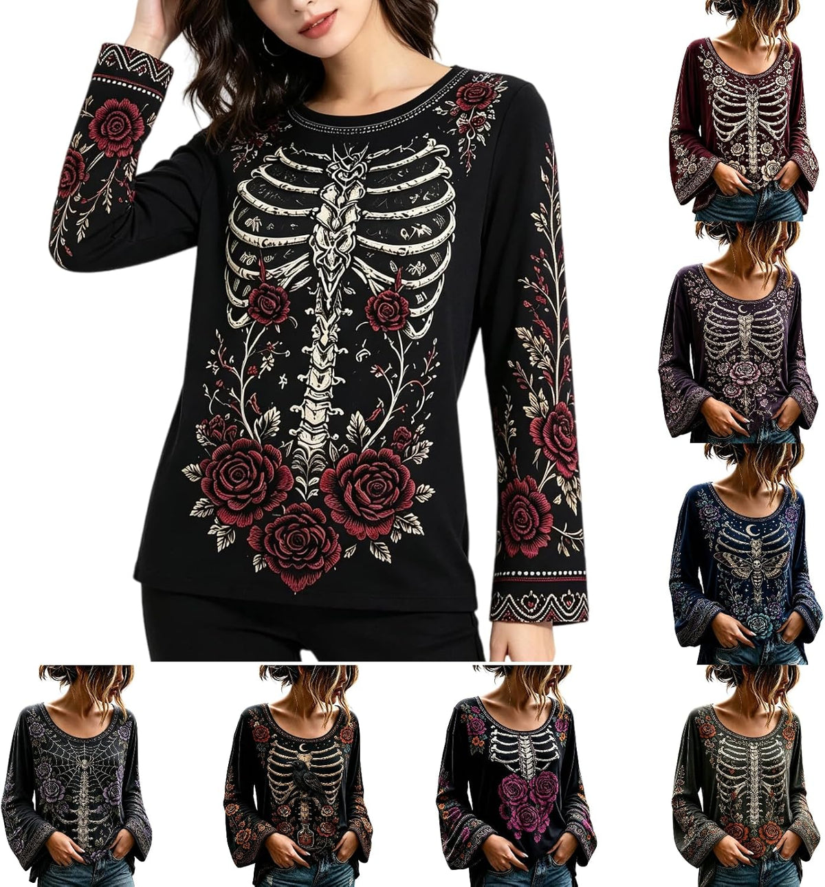 Women's Gothic Floral Skeleton Bell Sleeve Top - original listing cover