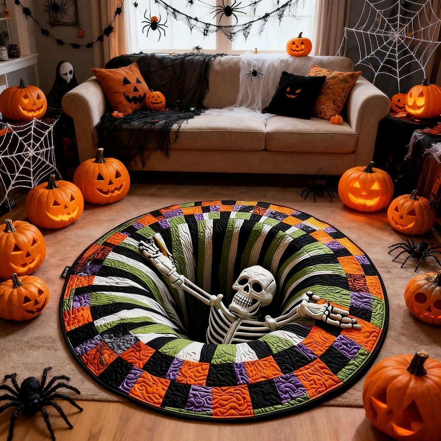 3D Halloween Skeleton Abyss Round Rug - Spooky Non-Slip Floor Mat for Home Decor