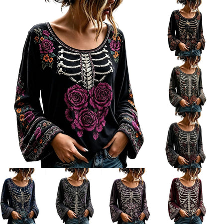 Women's Gothic Floral Skeleton Bell Sleeve Top - source gallery image 5