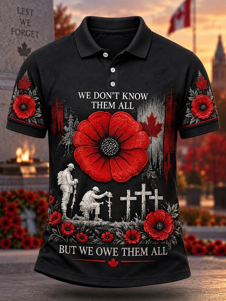 Men's Lest We Forget Canada Remembrance Day Print Polo Shirt