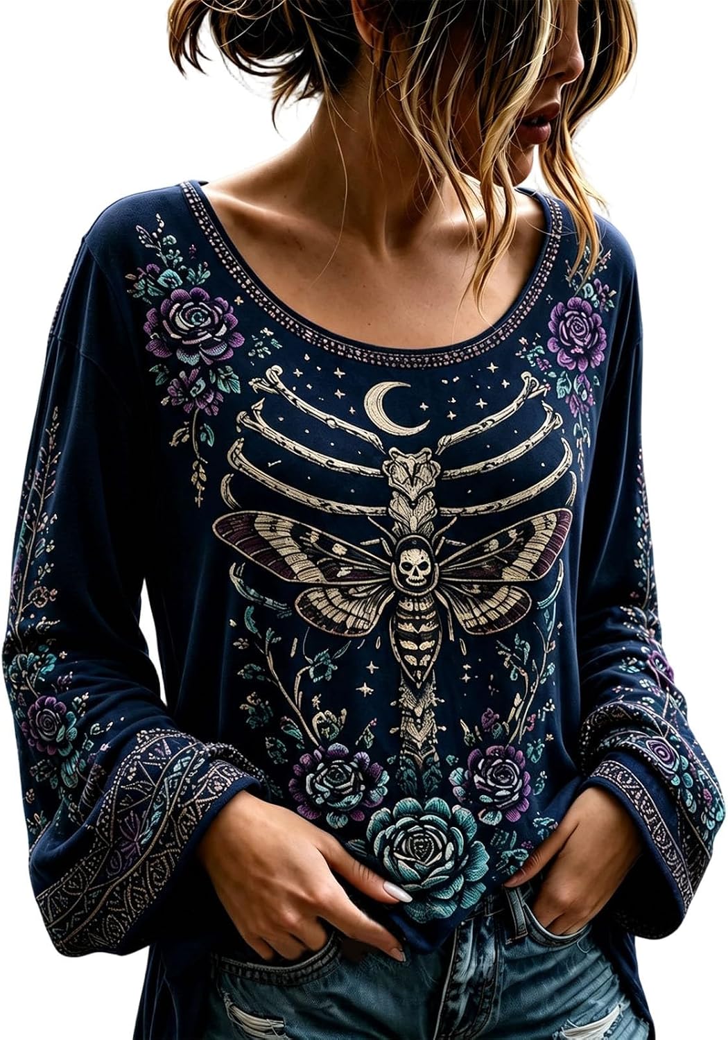 Women's Gothic Floral Skeleton Bell Sleeve Top - Midnight Navy