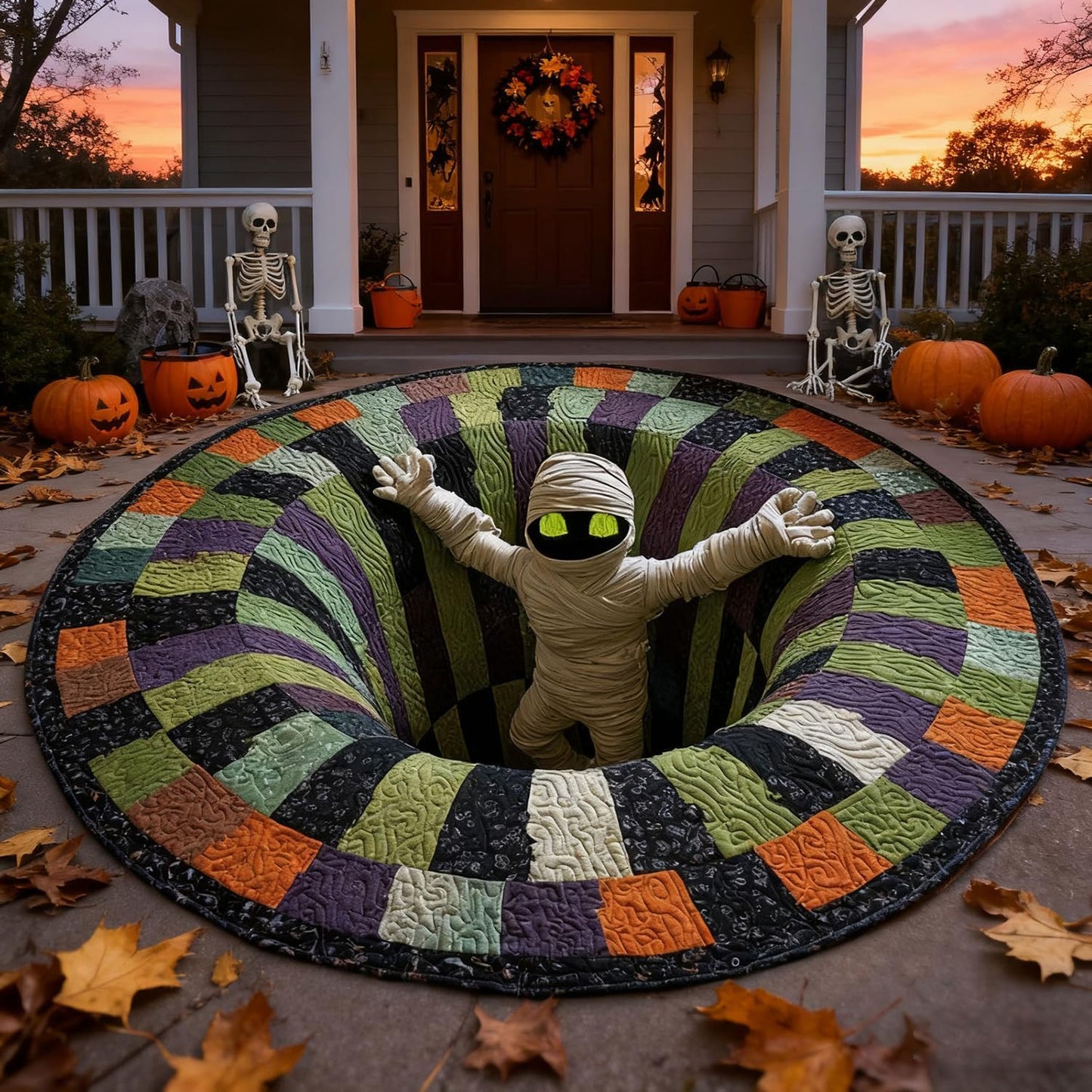 3D Halloween Skeleton Abyss Round Rug - Spooky Non-Slip Floor Mat for Home Decor