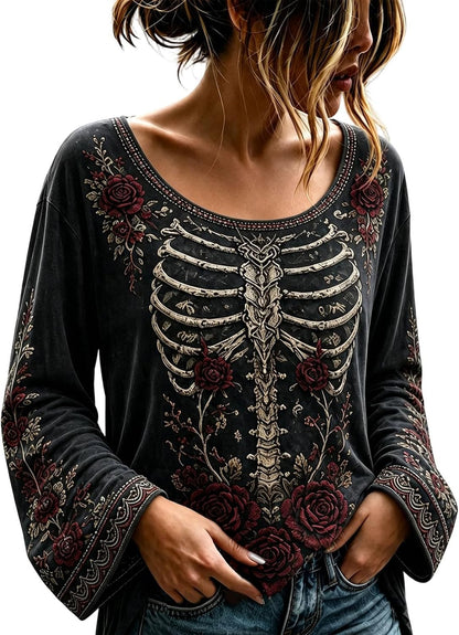 Women's Gothic Floral Skeleton Bell Sleeve Top - Midnight Rose