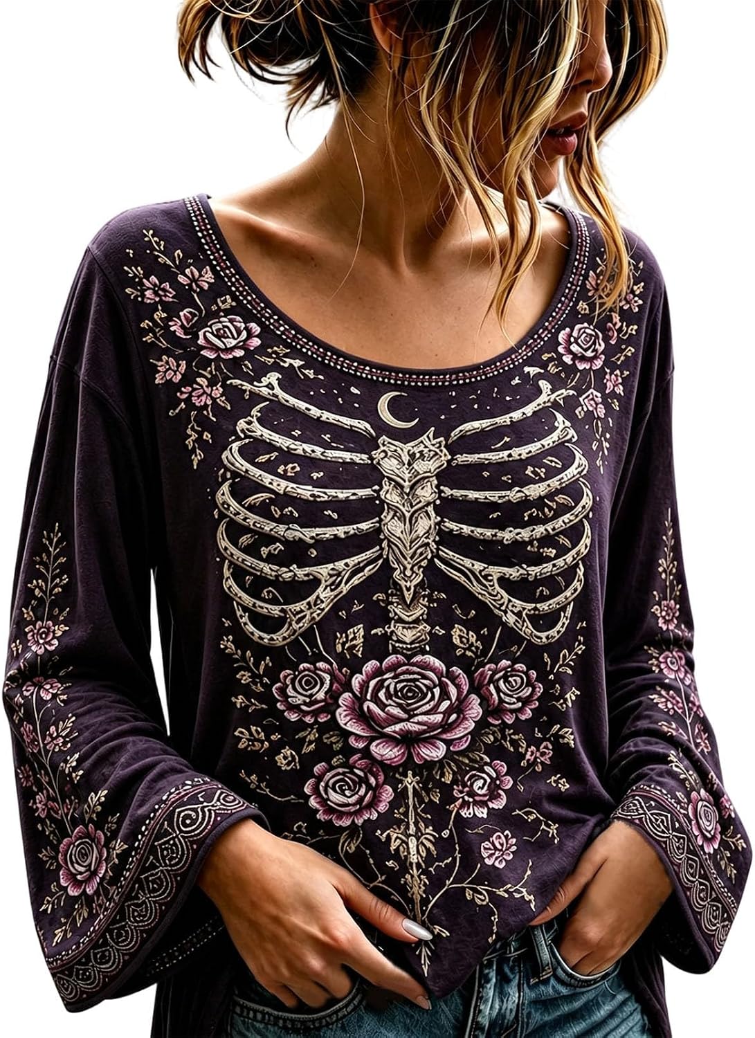 Women's Gothic Floral Skeleton Bell Sleeve Top - Mystic Purple
