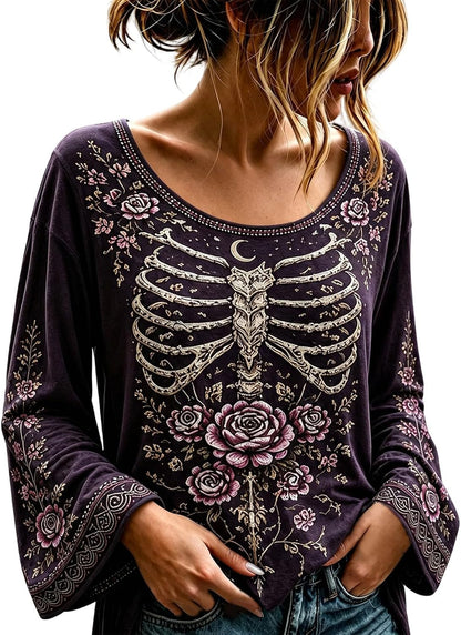 Women's Gothic Floral Skeleton Bell Sleeve Top - Mystic Purple