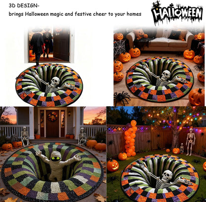 3D Halloween Skeleton Abyss Round Rug - Spooky Non-Slip Floor Mat for Home Decor