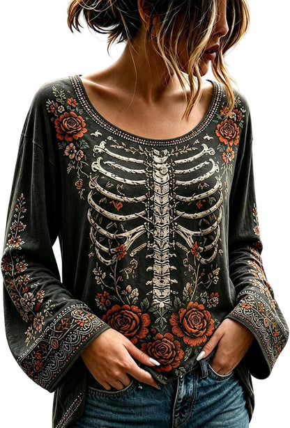 Women's Gothic Floral Skeleton Bell Sleeve Top - Nightfall Muse