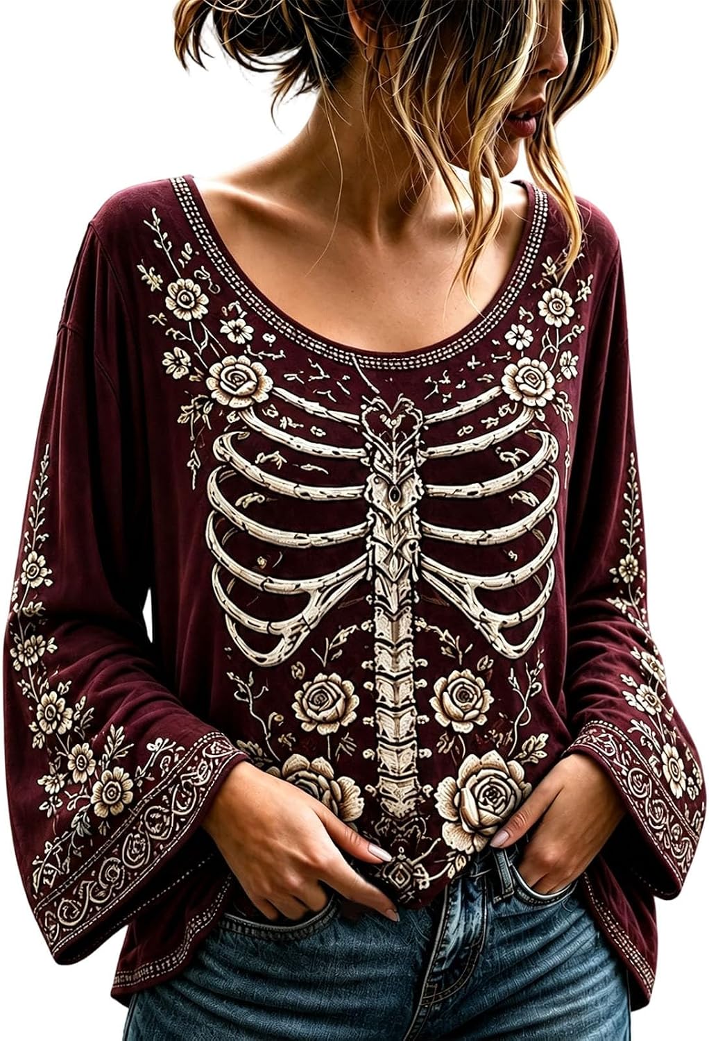 Women's Gothic Floral Skeleton Bell Sleeve Top - Gothic Wine