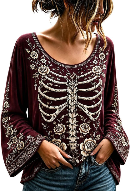 Women's Gothic Floral Skeleton Bell Sleeve Top - Gothic Wine