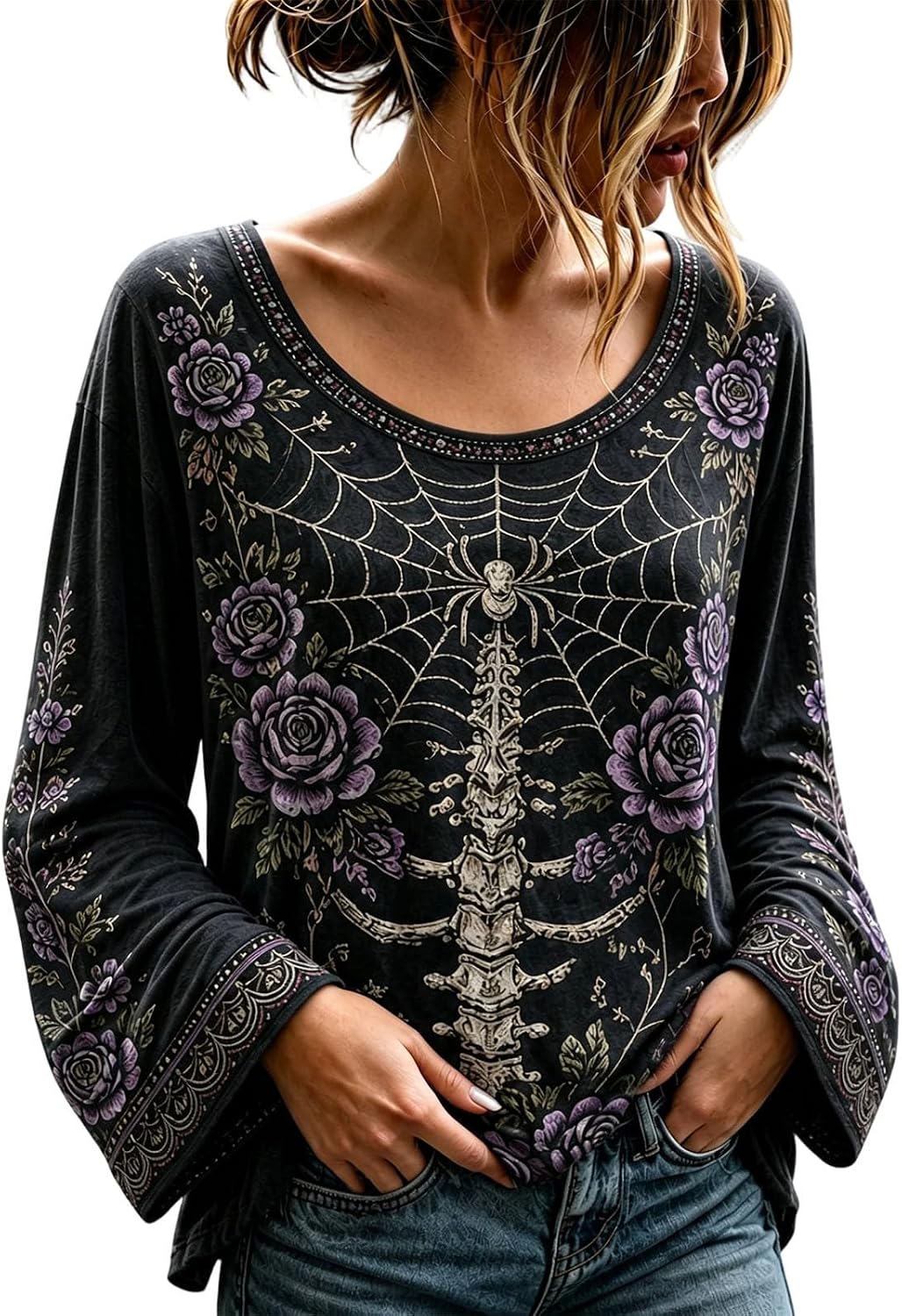 Women's Gothic Floral Skeleton Bell Sleeve Top - Gothic Dream