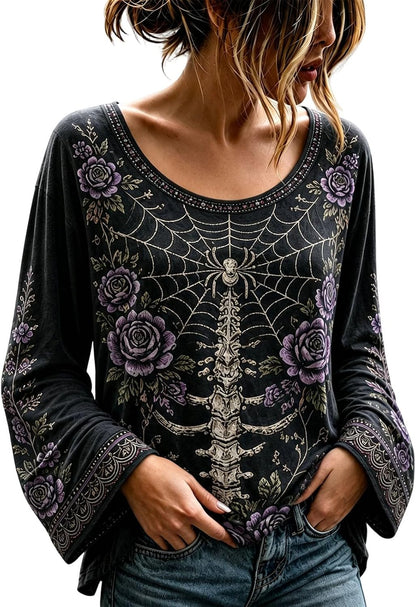 Women's Gothic Floral Skeleton Bell Sleeve Top - Gothic Dream