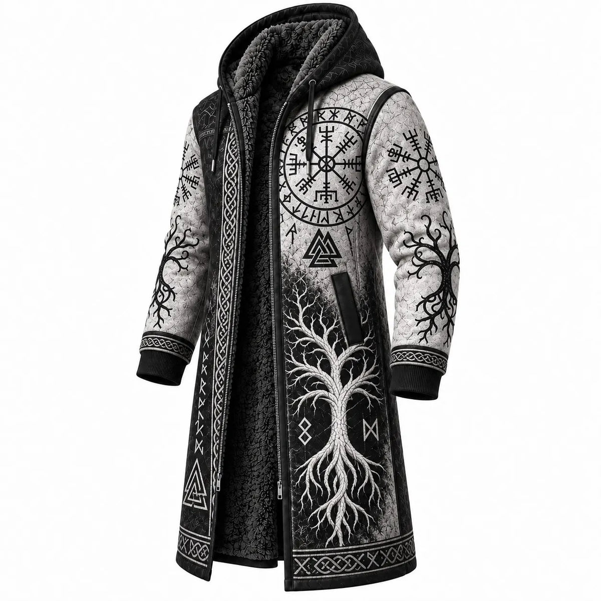 White Gray Compass Print Longline Hooded Fleece Coat