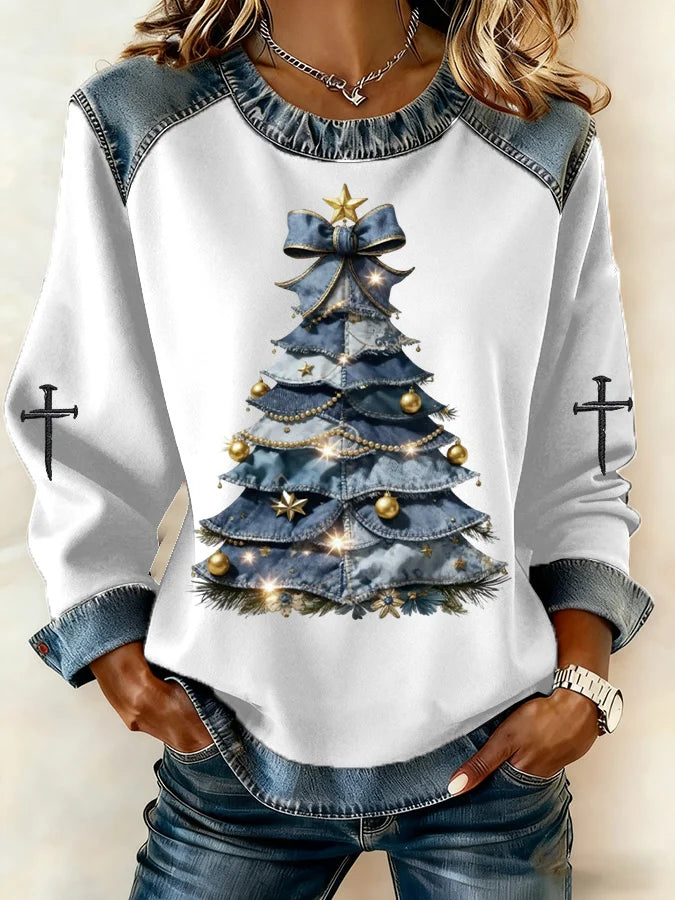Women's Casual Denim Christmas Tree Print Sweatshirt
