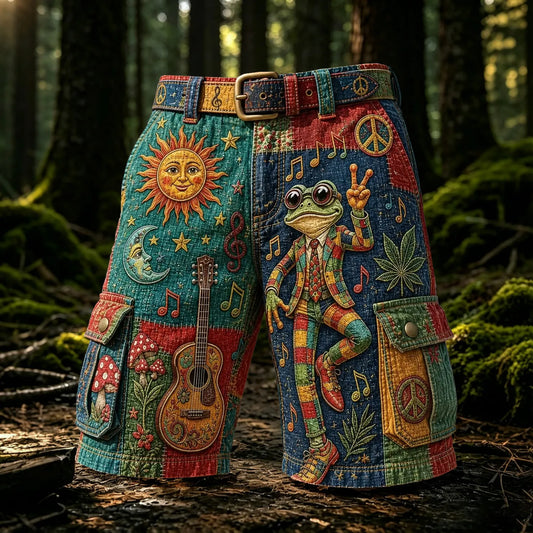 Men's Vintage Color Block Hippie Nature Music Print Cargo Shorts