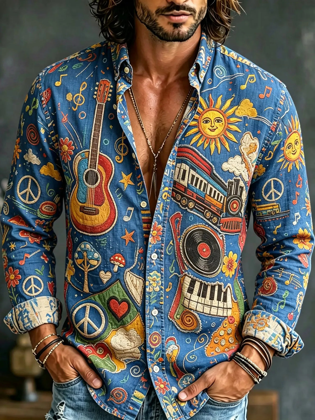 Men's Fun Hippie Guitar Record Train Mushroom Print Long Sleeve Shirt