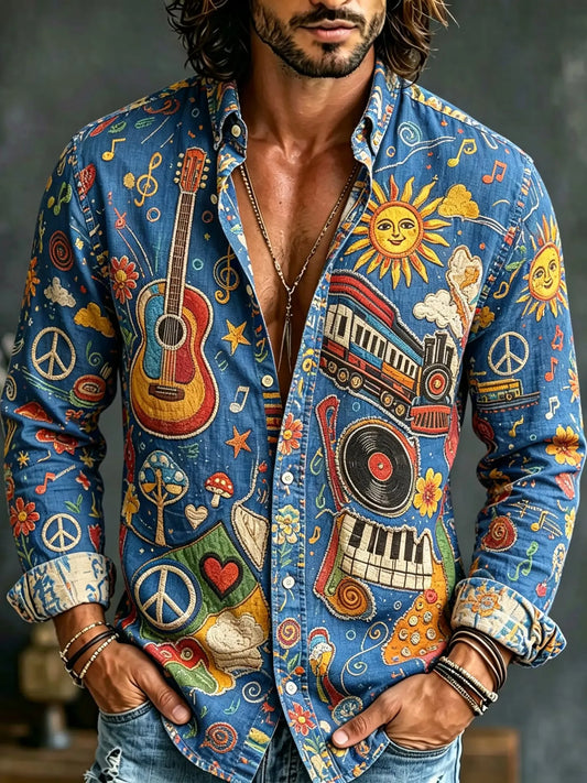 Men's Fun Hippie Guitar Record Train Mushroom Print Long Sleeve Shirt