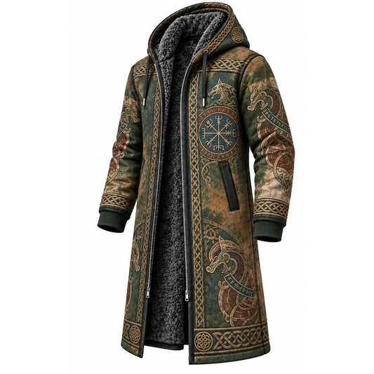 Olive Green Viking Wolf Fleece-Lined Long Coat