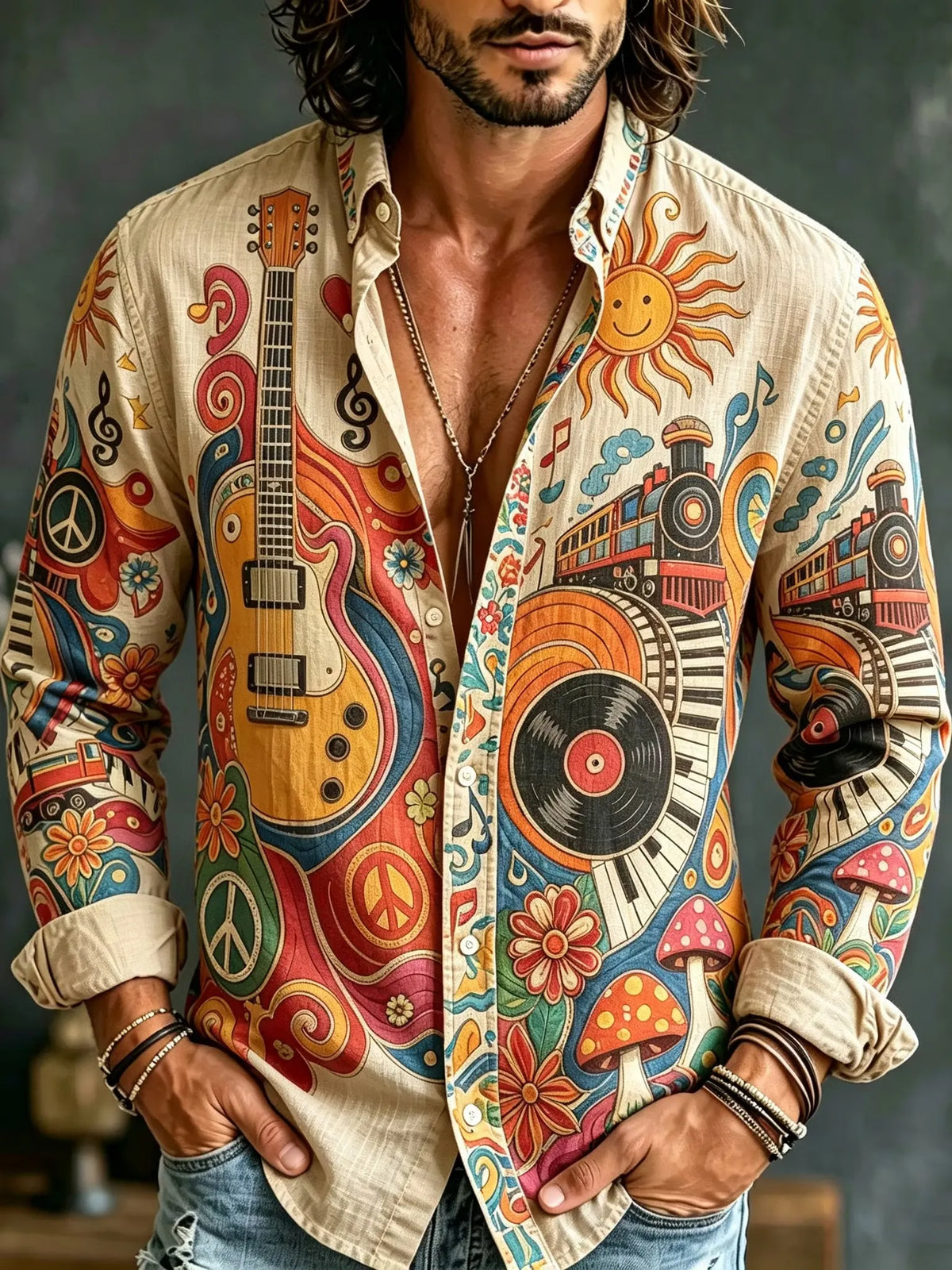 Men's Fun Hippie Guitar Record Train Mushroom Print Long Sleeve Shirt