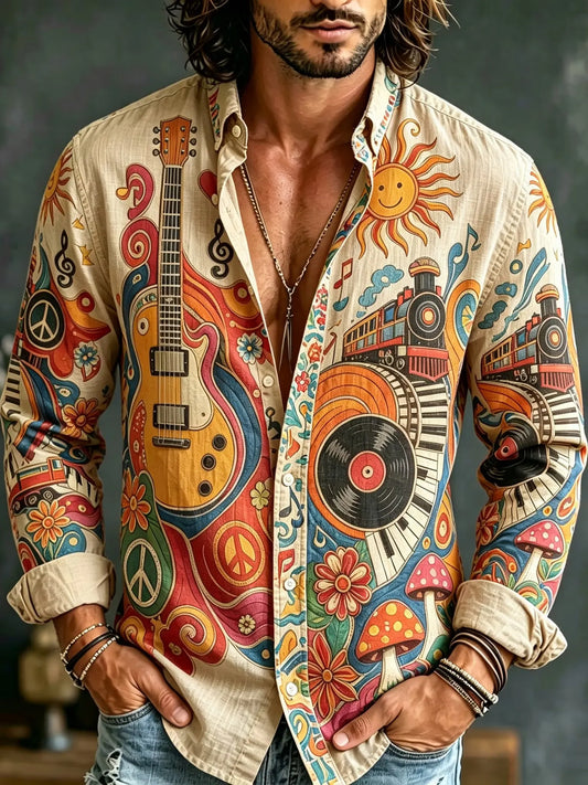 Men's Fun Hippie Guitar Record Train Mushroom Print Long Sleeve Shirt