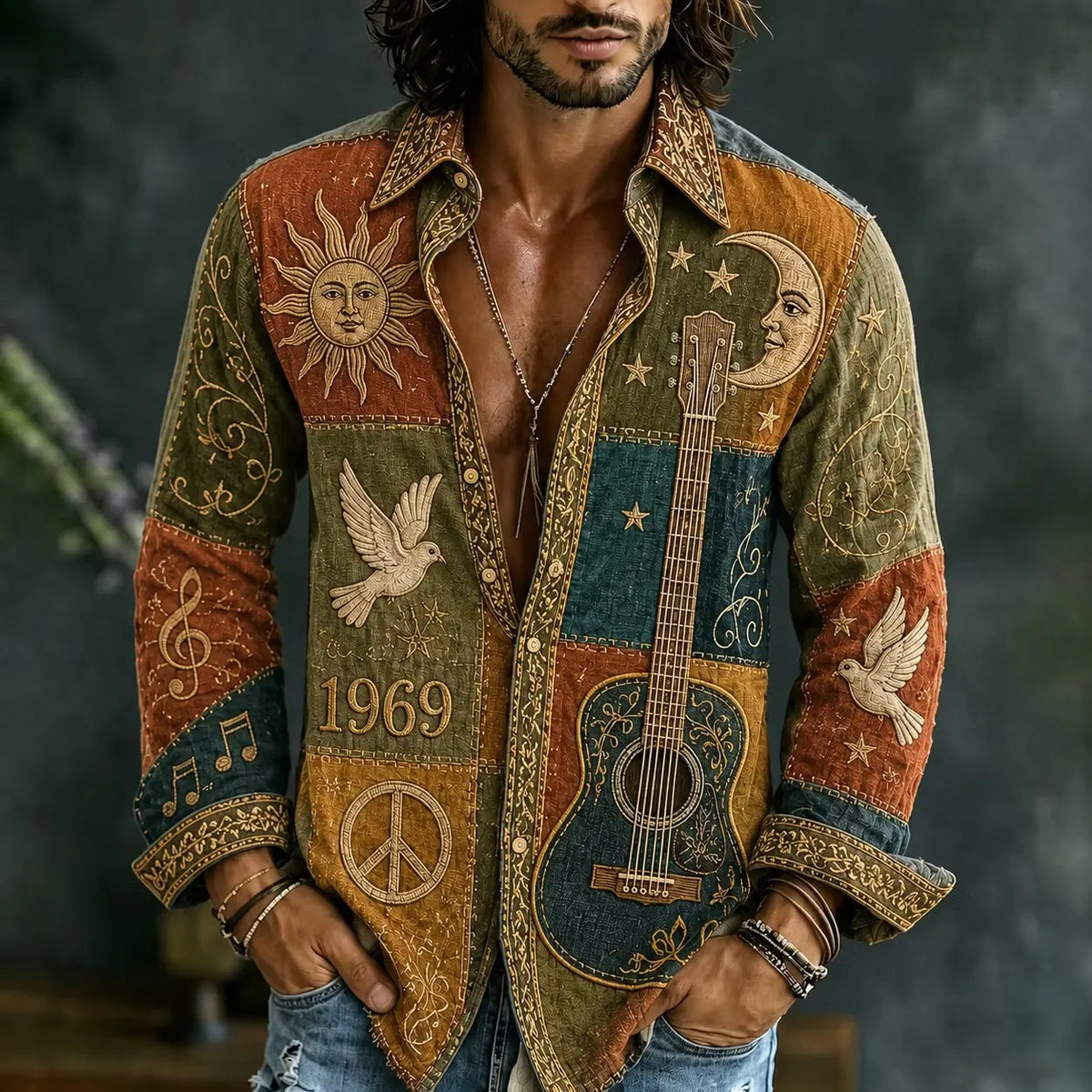 Men's Folk Art Guitar Sun Moon and Dove Patchwork Print Long Sleeve Shirt