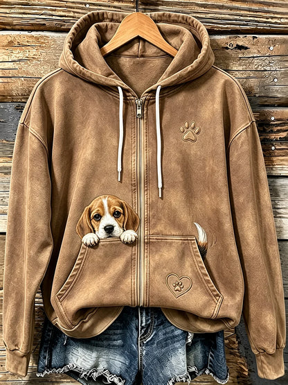 Women's Cute Peeking Beagle & Paw Print Cozy Zip-Up Hoodie