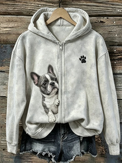 Women's Peeking French Bulldog & Paw Print Full Zip Hoodie