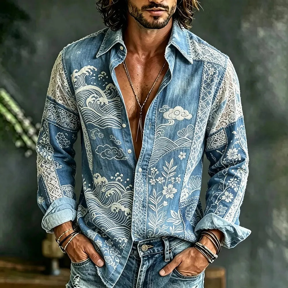 Men's Japanese Wave and Cloud Pattern Print Shirt