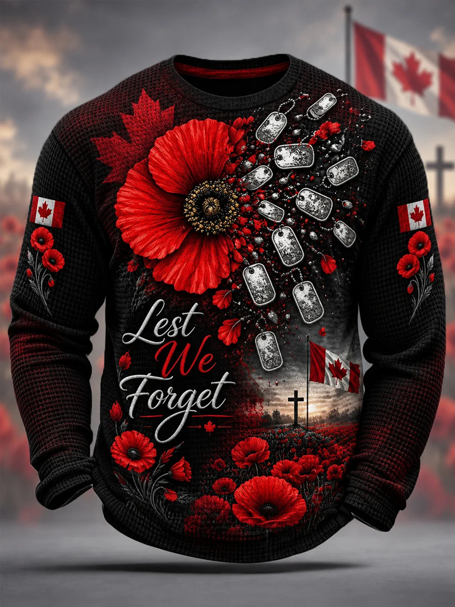 Men's Lest We Forget Canada Remembrance Day Print Waffle Long Sleeve T-Shirt