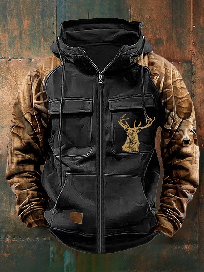 Men's Vintage Western Deer Print Multi-Pocket Jacket