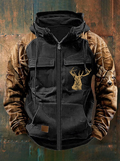 Men's Vintage Western Deer Print Multi-Pocket Jacket