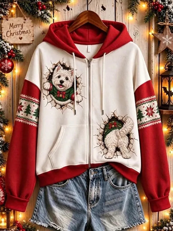 Women's 3D Breaking Wall Dog Christmas Print Hooded Zip Up Jacket
