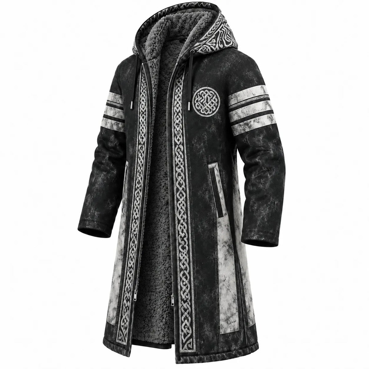 Men's Viking Celtic With Rune Totem Printed Fleece-Lined Hooded Jacket