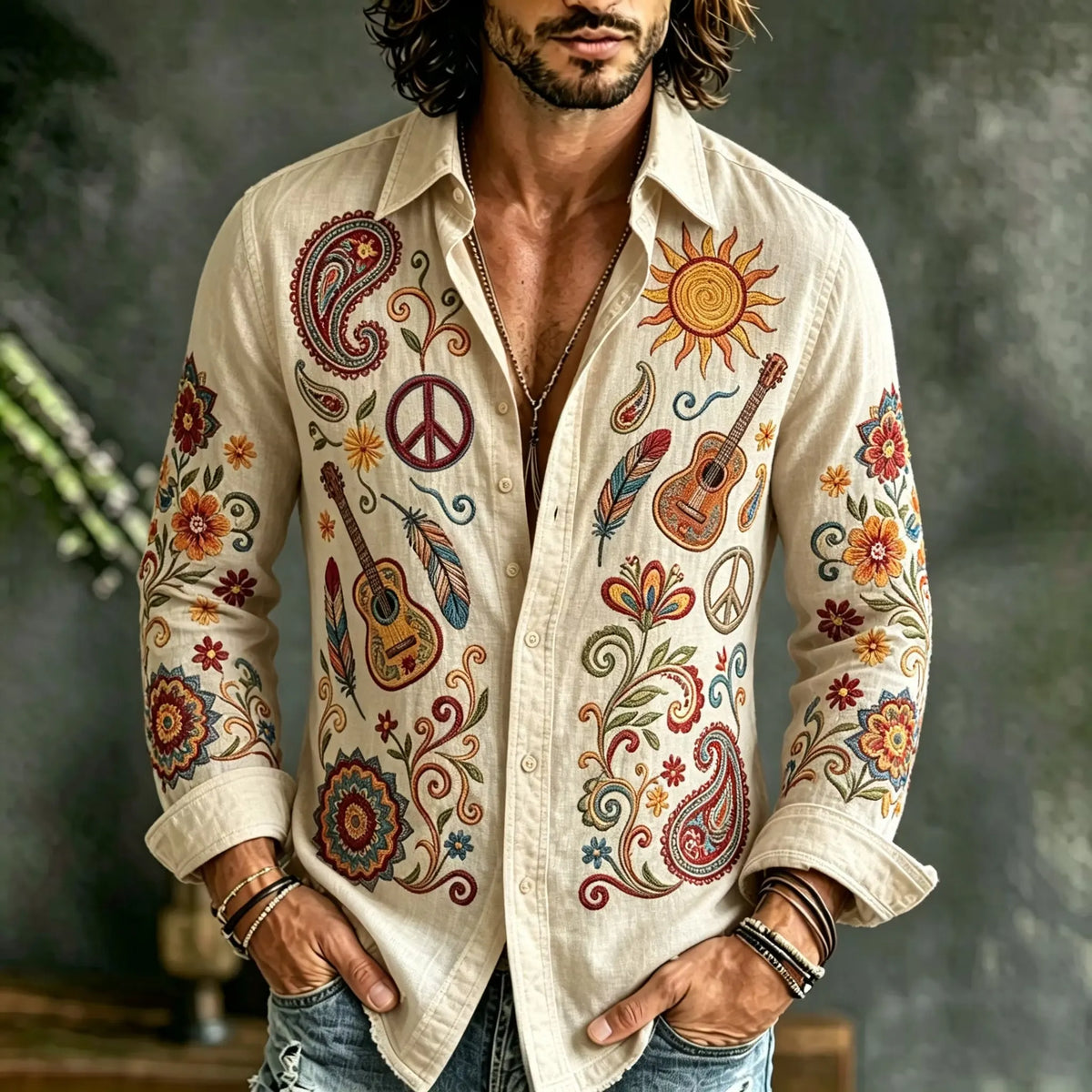 Men's Rural Paisley Peace Guitar Print Shirt