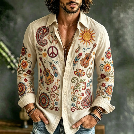 Men's Rural Paisley Peace Guitar Print Shirt