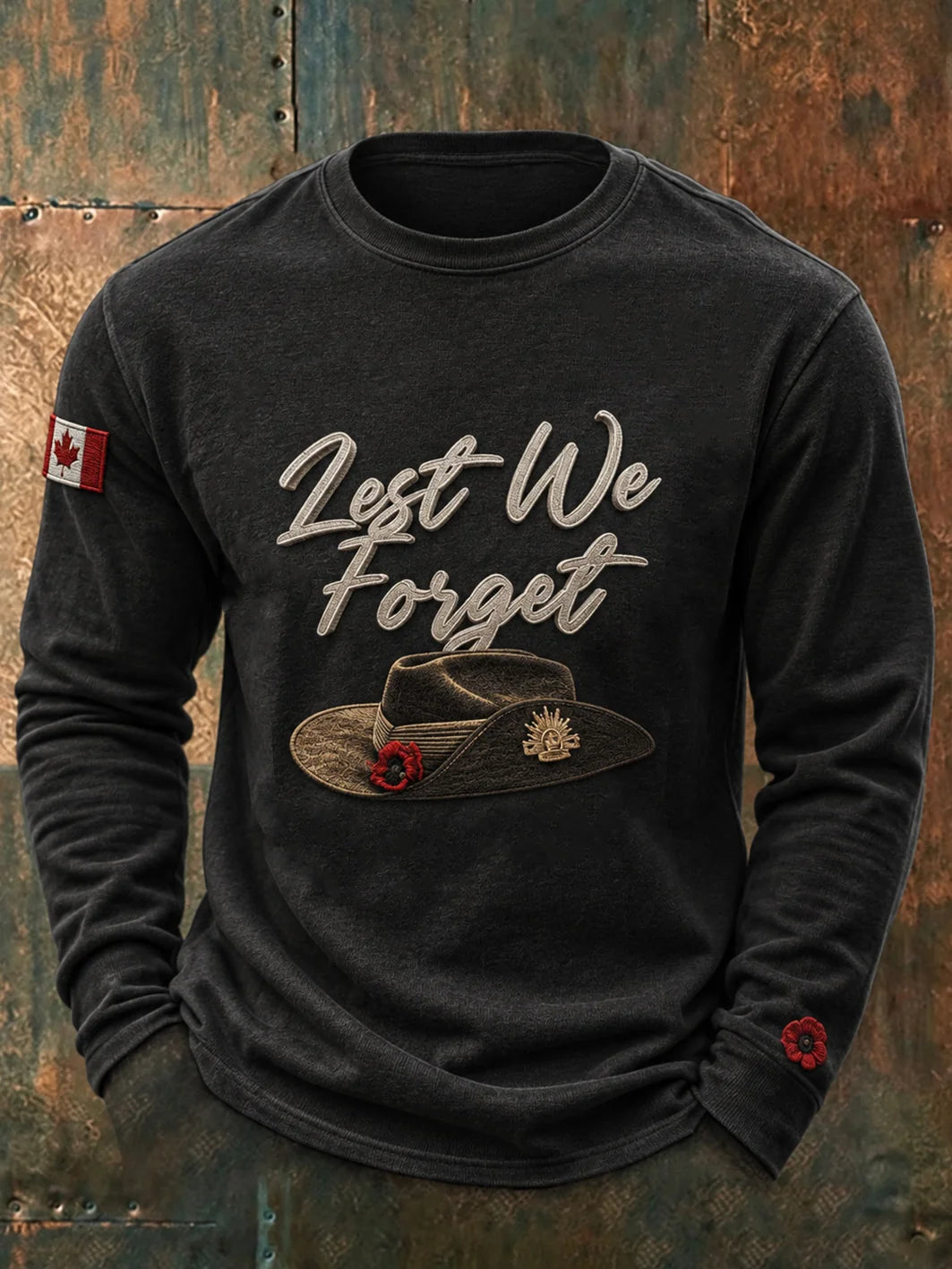 Men's Last We Forget Slogan Papaver Rhoeas Pattern Printed Long Sleeve Round Neck T-shirt