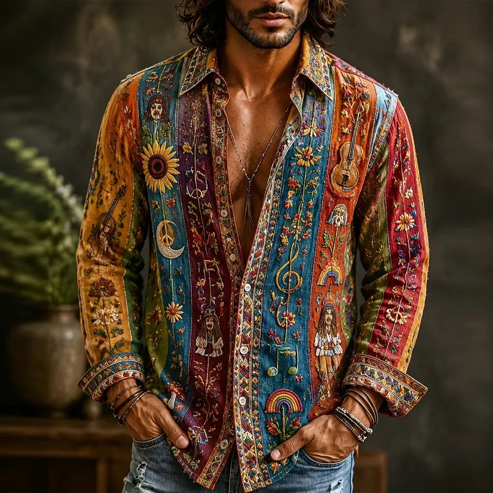 Men's Sunflower Guitar Hippie Figure Rainbow Musical Note Print Long Sleeve Shirt