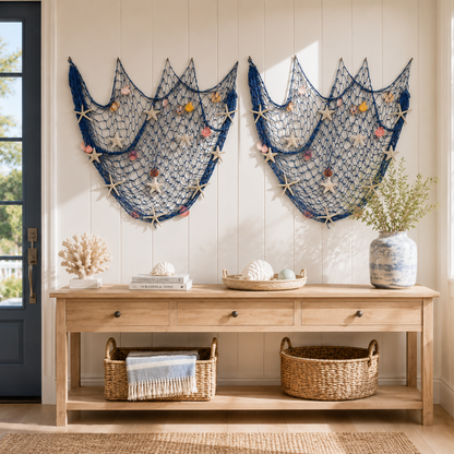 🌊✨ Coastal Fishing Net Wall Hanging with Fairy Lights