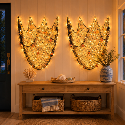 🌊✨ Coastal Fishing Net Wall Hanging with Fairy Lights