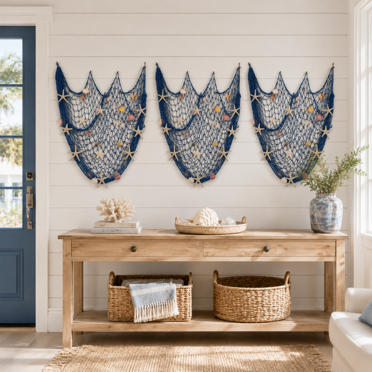 🌊✨ Coastal Fishing Net Wall Hanging with Fairy Lights