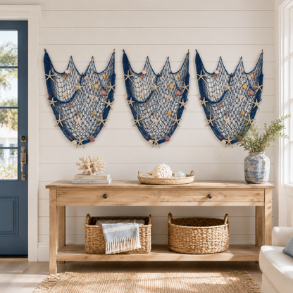 🌊✨ Coastal Fishing Net Wall Hanging with Fairy Lights