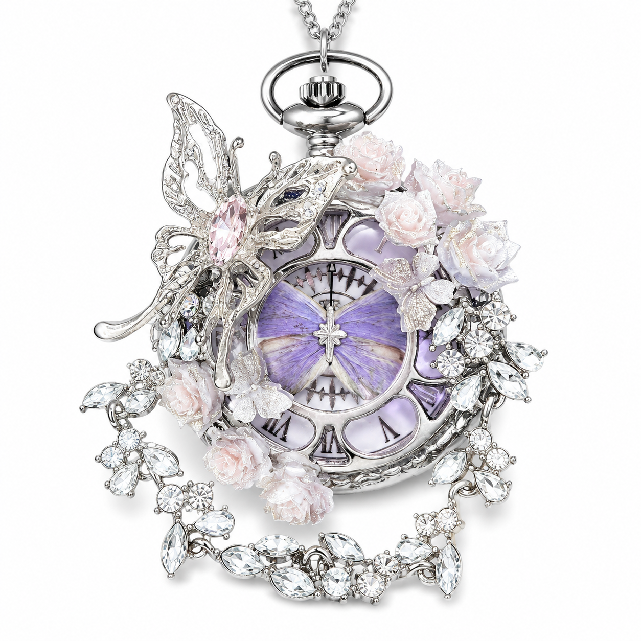 🔥49% OFF - 🦋 Butterfly in Time Handmade Multicolor Pocket Watch Necklace - Handmade Silver Crystal Floral Design