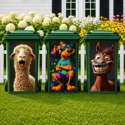 Outdoor Trash Can Sticker - Funny Sheep, Cool Dog & Grinning Horse Bin Decal For Yard & Garden Decor