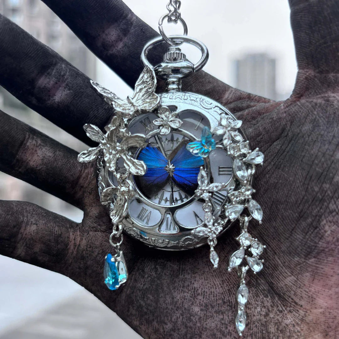 🔥49% OFF - 🦋 Butterfly in Time Handmade Multicolor Pocket Watch Necklace - Handmade Silver Crystal Floral Design