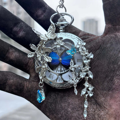 🔥49% OFF - 🦋 Butterfly in Time Handmade Multicolor Pocket Watch Necklace - Handmade Silver Crystal Floral Design