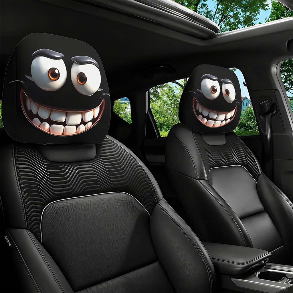Funny Cartoon Face Car Headrest Covers – Set of 2 Universal Car Interior Accessories