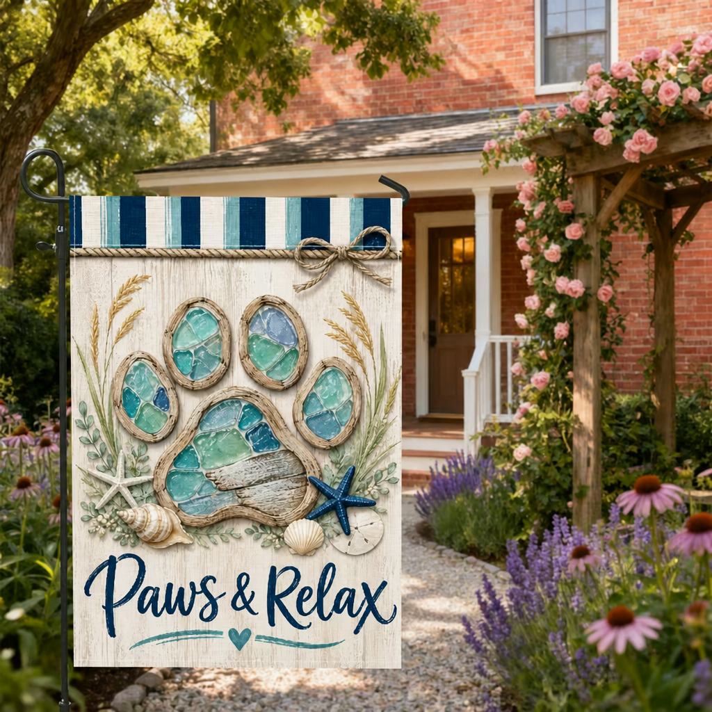 Paws & Relax Dog Garden Flag - Coastal Pet Lover Outdoor Yard Decor