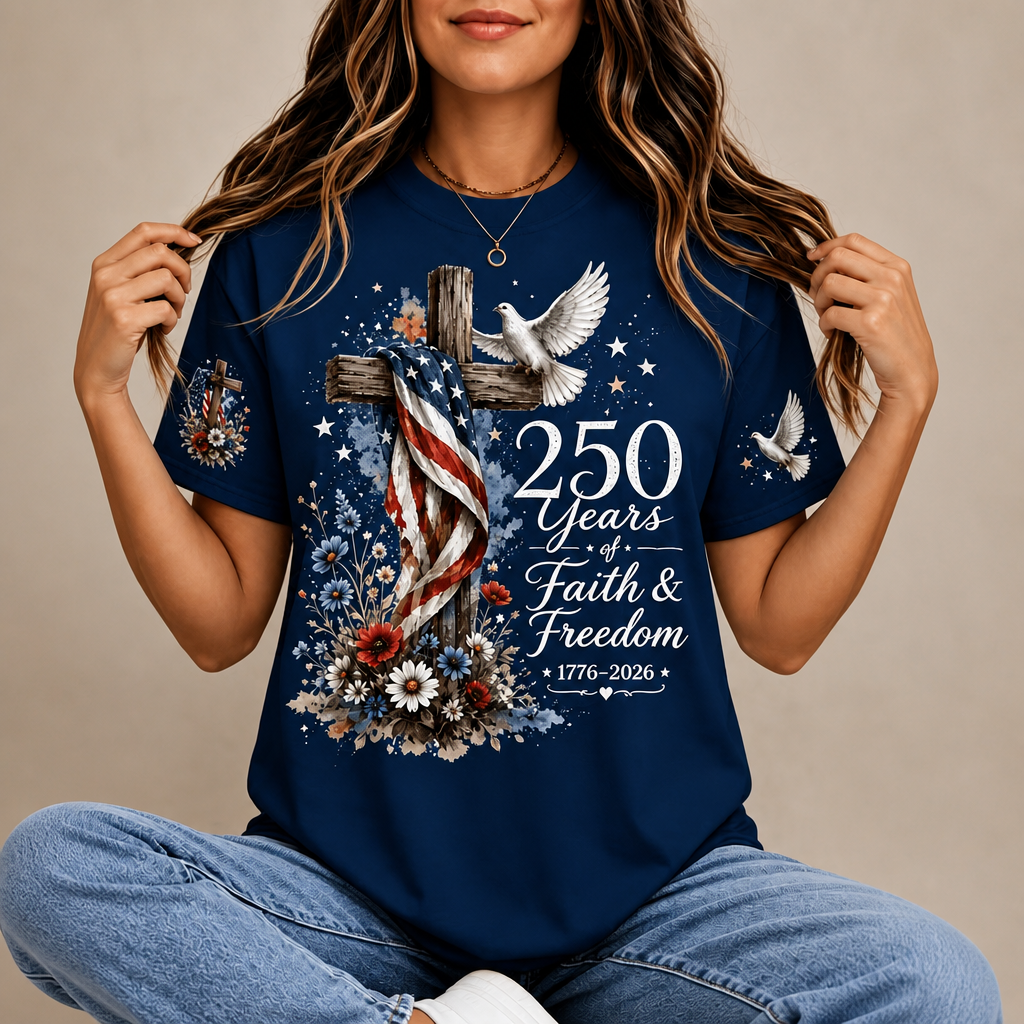 Custom America 250th Anniversary Shirt - Personalized Faith & Freedom Patriotic Gift For Women