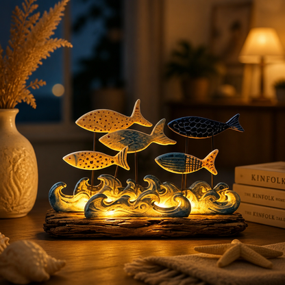 Lighted Coastal Fish Sculpture - Ocean Inspired LED Tabletop Decor for Beach House & Seaside Home
