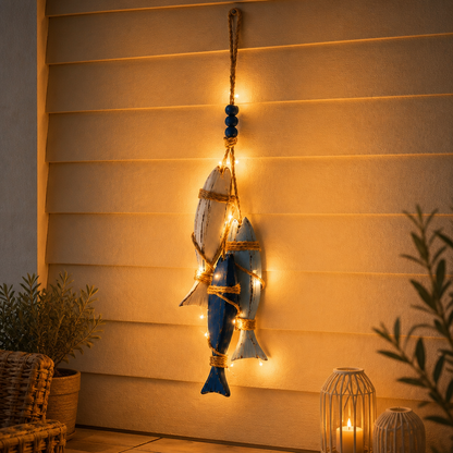 Lighted Coastal Wooden Hanging Decor - Starfish & Fish Wall Ornament