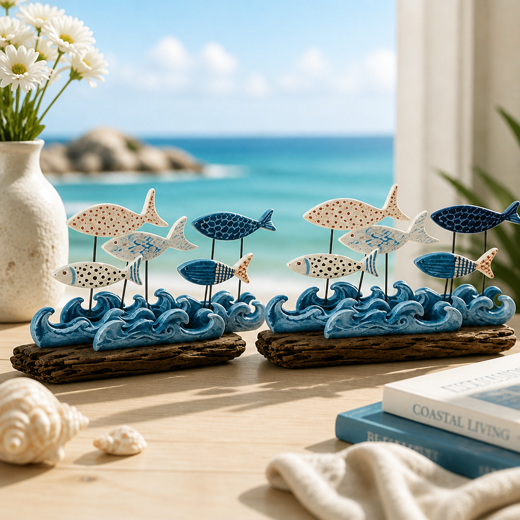 Lighted Coastal Fish Sculpture - Ocean Inspired LED Tabletop Decor for Beach House & Seaside Home